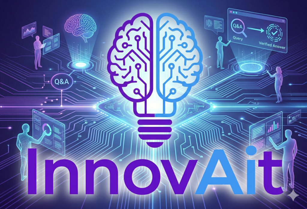 Futuristic AI neural network landscape with glowing purple and blue circuit pathways representing Answer Engine Optimization and AI-powered search discovery — InnovAit AI by Eric Siversen